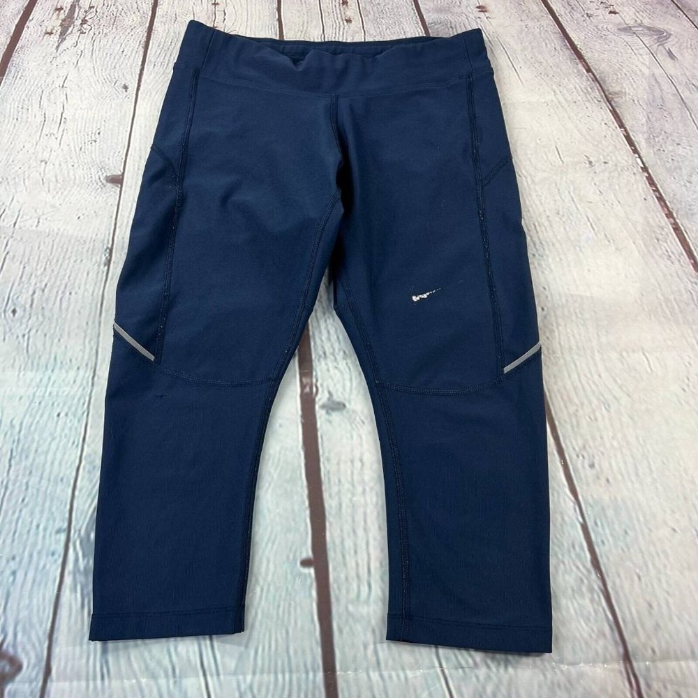 Nike Womens Running Crops Pants Solid Blue Athletic Pull On Drawstring XS